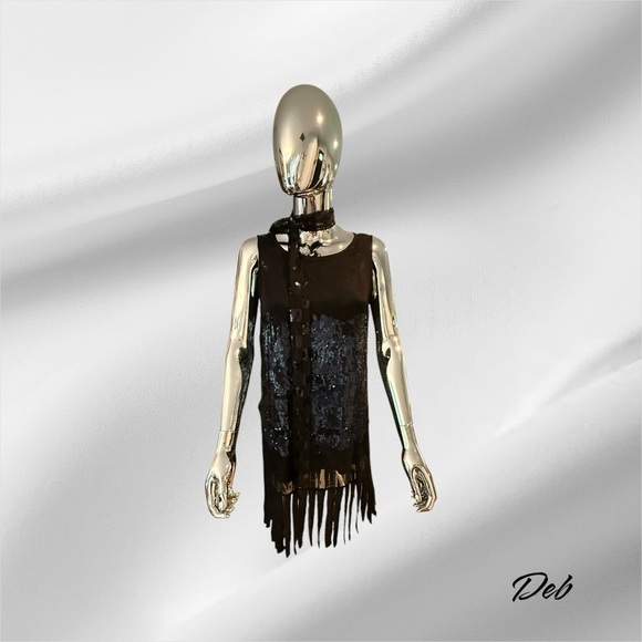 Kate Moss Top Shop Black and Blue Fringe Sleeveless Top - Picture 1 of 10